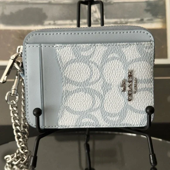 Coach Zip Card Case In Sketch Signature Canvas Ice Blue - Picture 4 of 11
